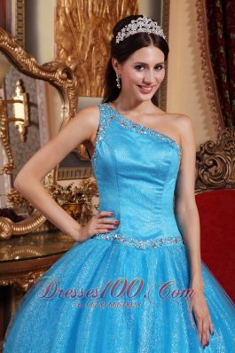 One Shoulder Blue Quinceanera Dress Tulle and Taffeta Beading