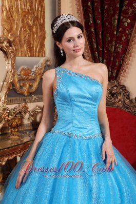 One Shoulder Blue Quinceanera Dress Tulle and Taffeta Beading