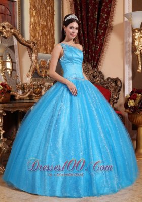 One Shoulder Blue Quinceanera Dress Tulle and Taffeta Beading