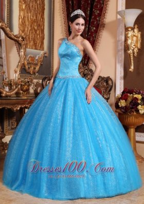 One Shoulder Blue Quinceanera Dress Tulle and Taffeta Beading