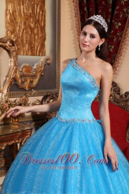 One Shoulder Blue Quinceanera Dress Tulle and Taffeta Beading