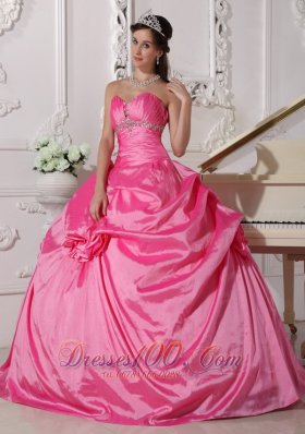 Hot Pink Sweet sixteen Dresses Beading and Flowers