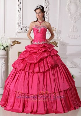 Hot Pink Taffeta Beading and Ruch Quinceanera Dress
