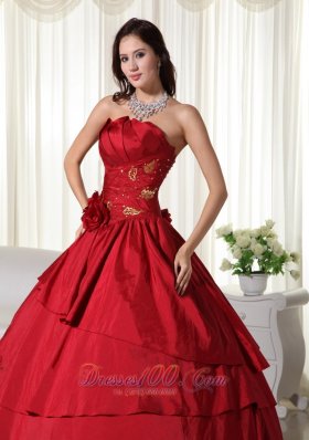 Hand Flowers and Beading Wine Red Taffeta Dresses 15