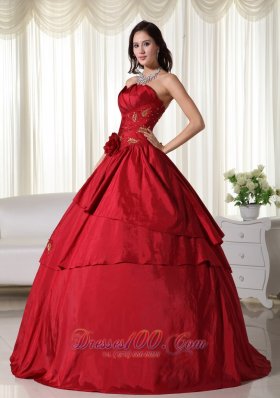 Hand Flowers and Beading Wine Red Taffeta Dresses 15