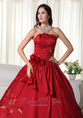 Hand Flowers and Beading Wine Red Taffeta Dresses 15