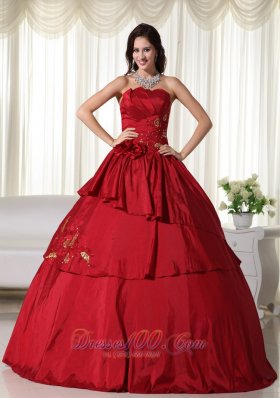 Hand Flowers and Beading Wine Red Taffeta Dresses 15