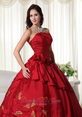 Hand Flowers and Beading Wine Red Taffeta Dresses 15