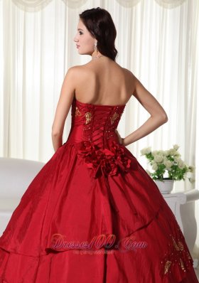 Hand Flowers and Beading Wine Red Taffeta Dresses 15