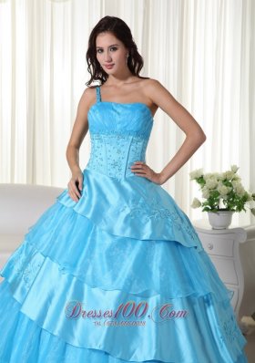 Taffeta Off the Shoulder Aqua Blue Embroidery Quinceanera Dress