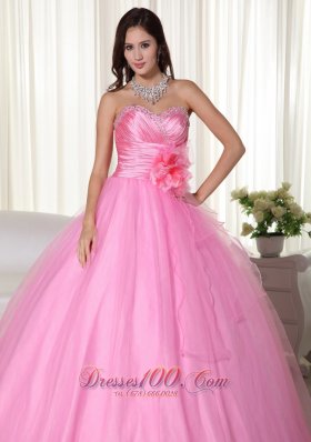 Pink Gown Tulle Beading Quinceanera Dress Handmade Flowers