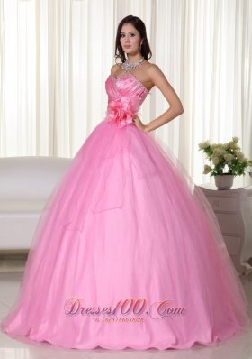 Pink Gown Tulle Beading Quinceanera Dress Handmade Flowers