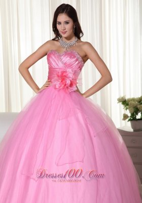 Pink Gown Tulle Beading Quinceanera Dress Handmade Flowers