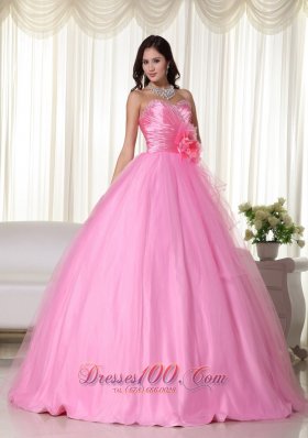 Pink Gown Tulle Beading Quinceanera Dress Handmade Flowers