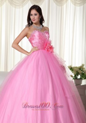 Pink Gown Tulle Beading Quinceanera Dress Handmade Flowers