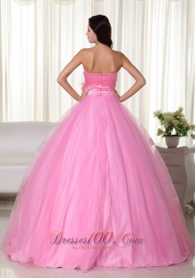 Pink Gown Tulle Beading Quinceanera Dress Handmade Flowers