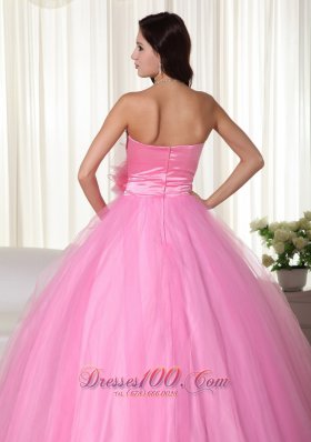 Pink Gown Tulle Beading Quinceanera Dress Handmade Flowers