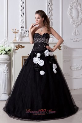 Black Sweet 16 Dress Beading and Hand Made Flowers Organza