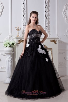 Black Sweet 16 Dress Beading and Hand Made Flowers Organza