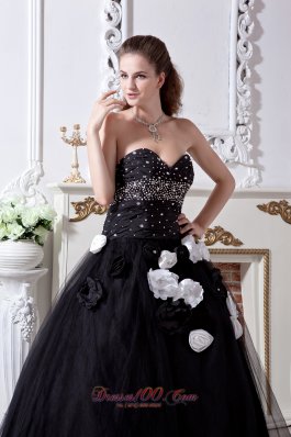 Black Sweet 16 Dress Beading and Hand Made Flowers Organza