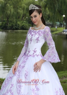 Embroidery Long Sleeves Sweet 16 Party Dress With Square Neckline