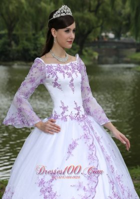 Embroidery Long Sleeves Sweet 16 Party Dress With Square Neckline