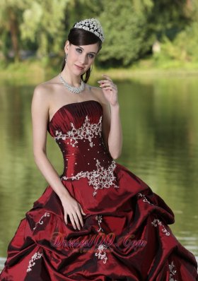 Burgundy Quinceanera Dress Party Wear Satin Embroidery