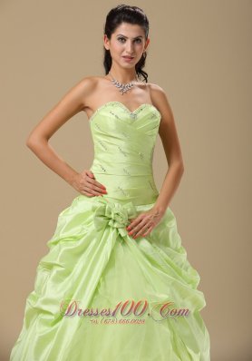 Yellow Green Folwers and Ruching Dress for Quinces