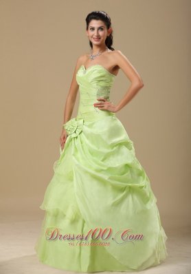 Yellow Green Folwers and Ruching Dress for Quinces