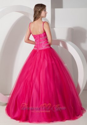 Spaghetti Straps Hot Pink Tulle Beading Dresses Of 15