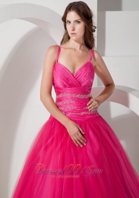 Spaghetti Straps Hot Pink Tulle Beading Dresses Of 15