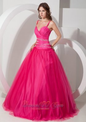 Spaghetti Straps Hot Pink Tulle Beading Dresses Of 15