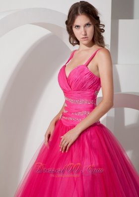 Spaghetti Straps Hot Pink Tulle Beading Dresses Of 15