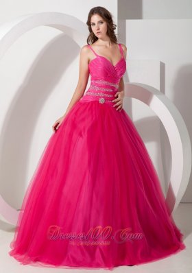 Spaghetti Straps Hot Pink Tulle Beading Dresses Of 15