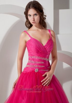 Spaghetti Straps Hot Pink Tulle Beading Dresses Of 15