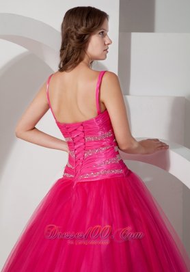 Spaghetti Straps Hot Pink Tulle Beading Dresses Of 15