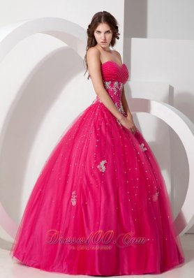 Coral Red Tulle Appliques and Beading Dress for Quinceaneras