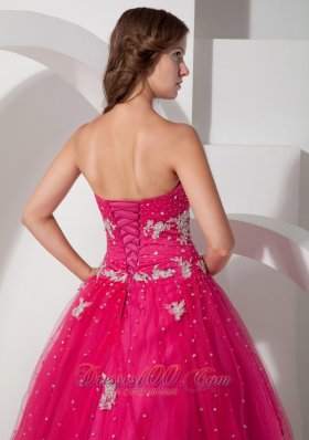 Coral Red Tulle Appliques and Beading Dress for Quinceaneras