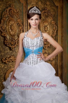 Halter White and Blue Princess Beading Quinceanera Dress