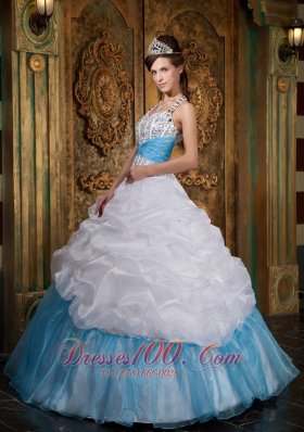 Halter White and Blue Princess Beading Quinceanera Dress