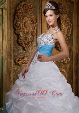 Halter White and Blue Princess Beading Quinceanera Dress