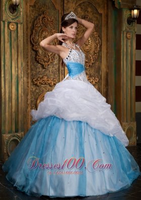 Halter White and Blue Princess Beading Quinceanera Dress