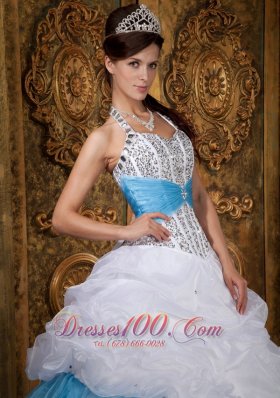 Halter White and Blue Princess Beading Quinceanera Dress