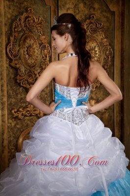 Halter White and Blue Princess Beading Quinceanera Dress