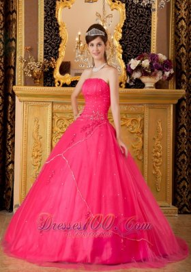 Sweet 16 Dress Hot Pink Flowers Tulle Appliques A-line