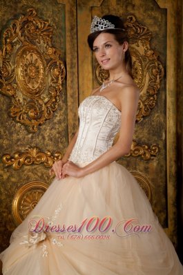 Champagne Quinceanera Dress Strapless Appliques Tulle