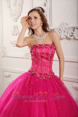 Beading Tulle Hot Pink Dresses for A Quinceanera