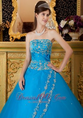 Blue Ball Gown Tulle Lace Appliques Quinceanera Dress