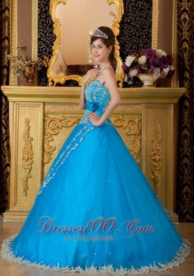 Blue Ball Gown Tulle Lace Appliques Quinceanera Dress