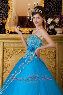 Blue Ball Gown Tulle Lace Appliques Quinceanera Dress